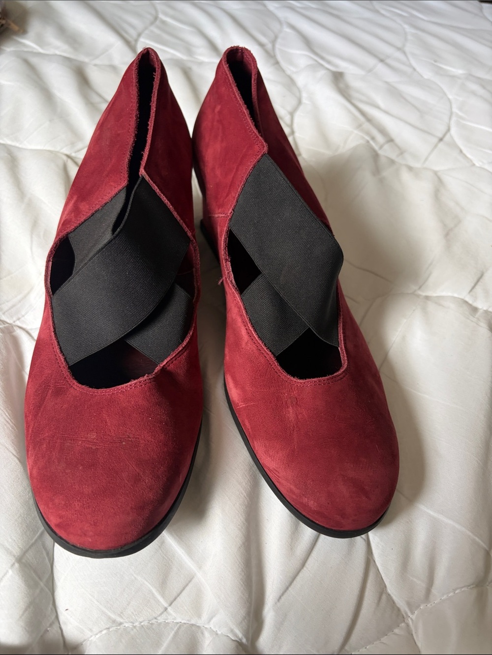 Arche made in France 
Burgundy Suede Flats with Black Elastic Cross Straps